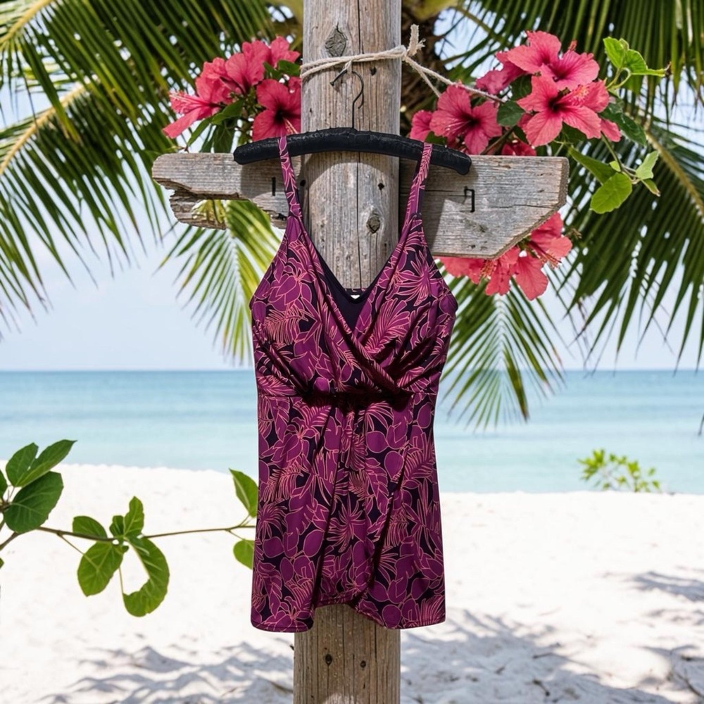 Lands' End Women's Skirted Wrap One Piece Swimsuit Size XL Floral Fuchsia Orange